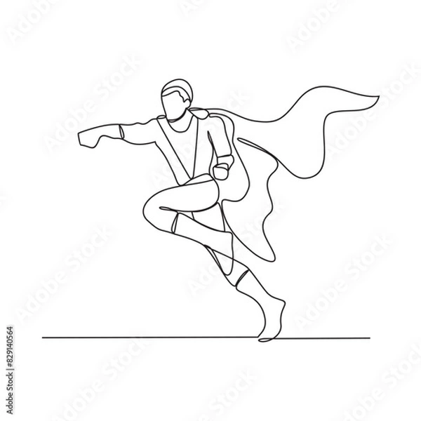 Fototapeta One continuous line drawing of a Superhero action vector design illustration. Fictional character possessing with extraordinary talents and power, in simple continuous style vector design concept.