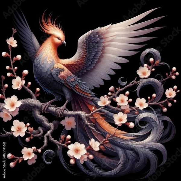 Fototapeta A sharp, detailed  image of a Fenghuang, a Chinese phoenix, perched gracefully on a blossoming cherry tree branch