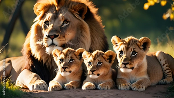 Fototapeta Lion family in the safari savannah, Generative AI