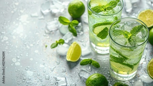 Fototapeta Mojito or virgin mojito long rum drink with fresh mint, lime juice, cane sugar and soda