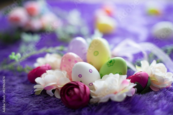 Fototapeta イースターエッグと花