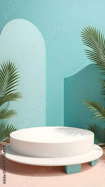 Fototapeta Summer theme background with empty podium for showing or placing product, cosmetic etc