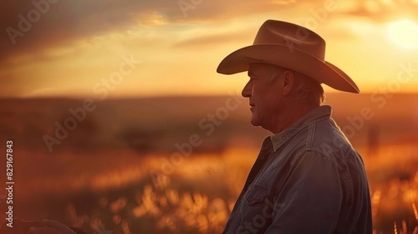 Obraz A man herding cow cattle, wearing a plaid and cowboy hat against the backdrop of a farm field.