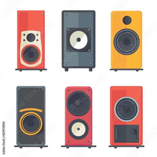 Fototapeta Flat design vector illustration featuring six colorful speakers. Different speaker designs including tall, short, rectangular shapes red, orange, black colors. Cartoon style audio equipment