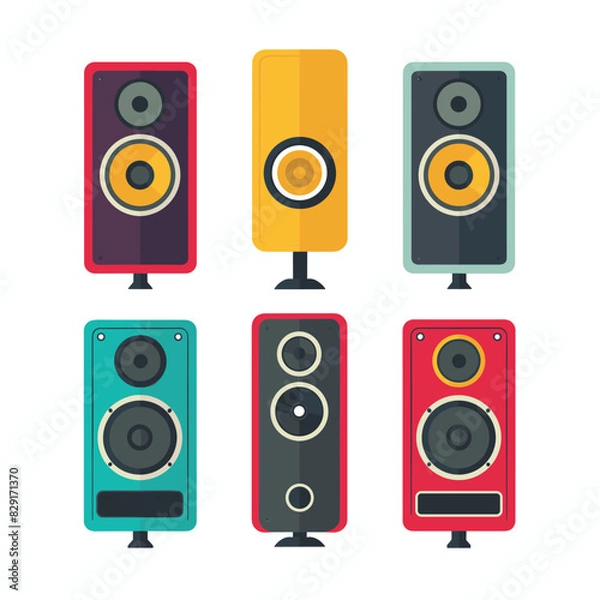 Fototapeta Set colorful standing speakers isolated white background. Six different speaker designs, flat vector illustration style, audio equipment. Collection music speakers, sound system icons, various