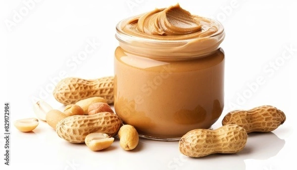 Fototapeta American peanut butter in a jar with peanuts on a white background a classic US culinary item