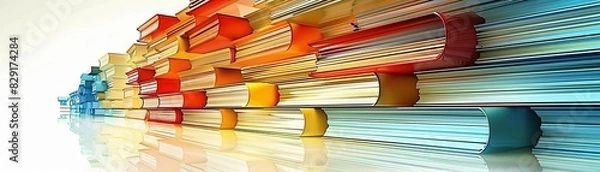 Fototapeta A neat stack of colorful books on a light background, designed to leave ample copy space at the top for a banner