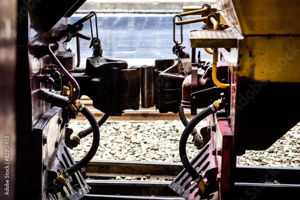 Fototapeta Train Assembly connection point between engine and bogie.