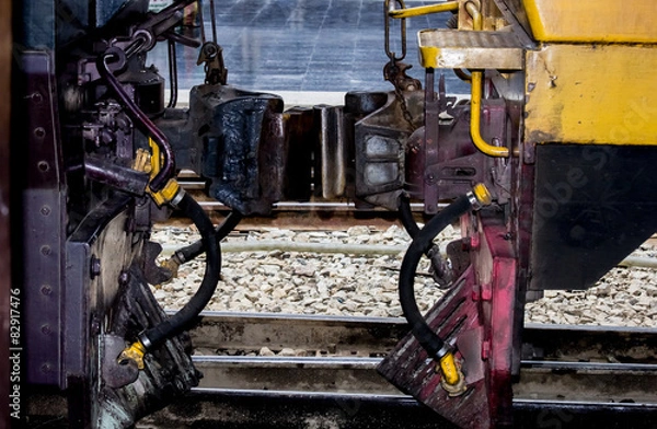 Fototapeta Train Assembly connection point between engine and bogie.