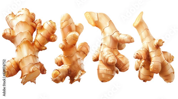 Obraz Fresh ginger roots in a row. Perfect for culinary use, health products, or natural remedies. Vibrant ginger root isolated on white background.