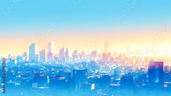 Obraz 明け方の空と高層ビル群の都市風景の水彩イラスト
