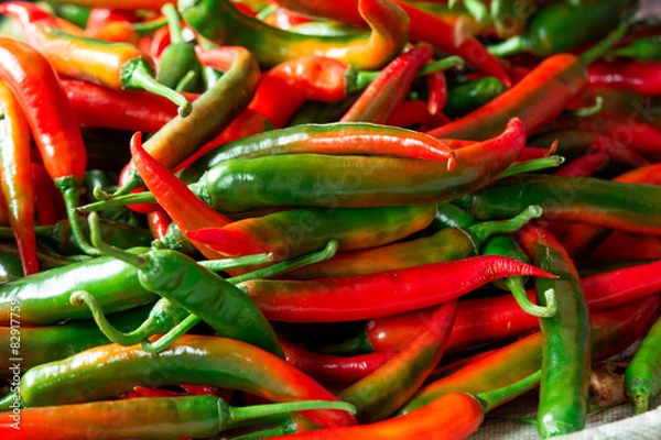 Fototapeta Fresh Chilli in Top view shot. Chilli is hot  spicy for curry an