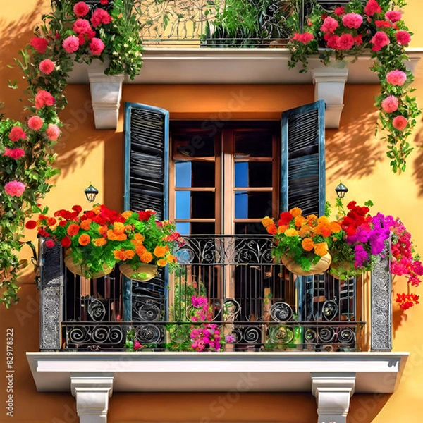 Obraz European terrace summer window balcony garden box decorated with many flowers and plants in colored pots 