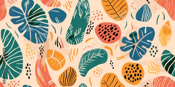 Fototapeta Illustration various shades and shapes, arranged to create seamless patterns on beige background. Incorporate elements like tropical leaves for added texture. Trendy spring, summer dress print