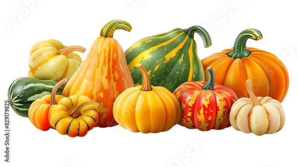 Fototapeta Assorted pumpkins and gourds of various shapes, sizes, and colors beautifully arranged together, perfect for autumn and Halloween themes.