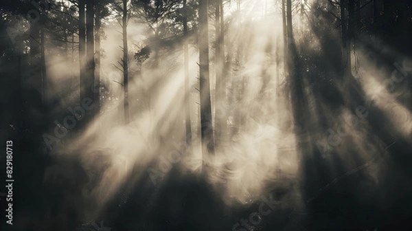 Fototapeta High-contrast image of a dense fog rolling through a forest, with light and shadow creating a mysterious and ethereal atmosphere.