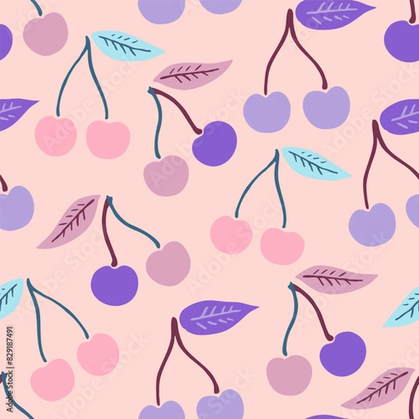 Fototapeta Cute seamless pattern with simple cherry elements in delicate pastel colors. Vector illustration.