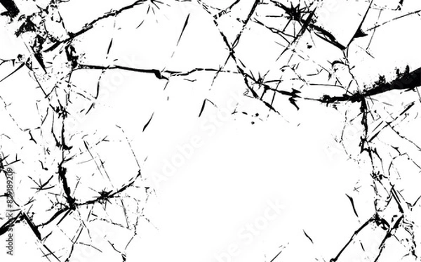 Fototapeta Broken Cracked glass. Hole in the glass surface. Vector drawing. Crime circle break crystal pane isolated on white backdrop. Window after crash or bullet, Broken mirror texture. White background