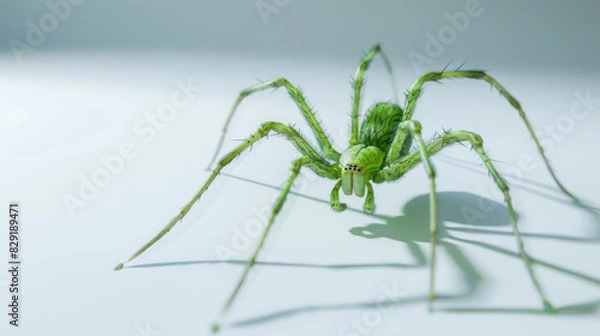 Fototapeta A vibrant green spider positioned on a smooth light background, showcasing its detailed anatomy and striking color.