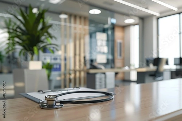 Obraz Doctor office desk panoramic, workplace of physician therapist with stethoscope in focus closeup