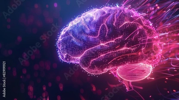 Fototapeta Neon Glow Brain on Black Background - Hi-Tech Human in Red Pink Purple
