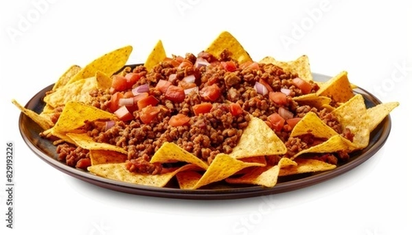 Fototapeta Isolated white background photo of nachos with meat and cheese