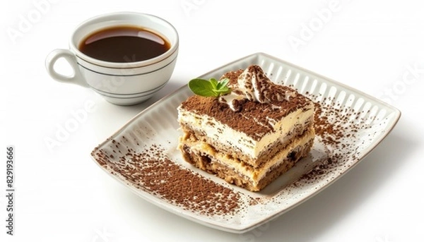 Fototapeta Italian Tiramisu dessert on a plate with espresso cup isolated on white background with clipping path
