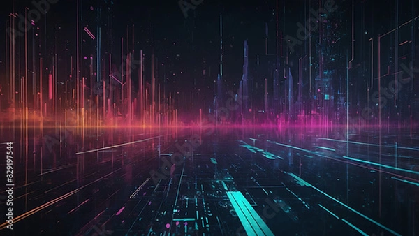 Fototapeta Abstract Digital Grid With Blue and Orange Light Effects in a Futuristic Cyberpunk Style