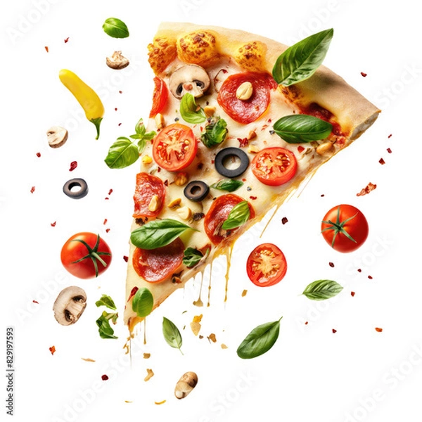 Fototapeta Flying pizza slice with ingredients isolated on transparent white background, clipping path