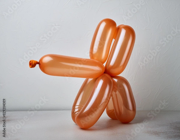 Fototapeta An orange balloon twisted into the shape of a playful dog against a white background