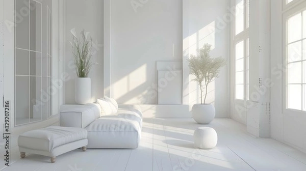 Fototapeta Clean and minimalist interior design featuring white walls and neutral furnishings, creating an elegant and timeless aesthetic for residential and commercial spaces.