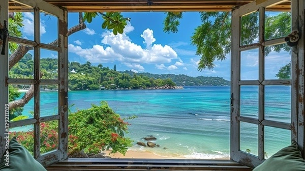 Fototapeta The open window of the villa offers a view of the sea. An idyllic picture of relaxation and tranquility. Generative AI