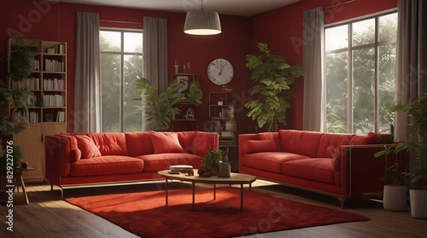 Fototapeta A modern living room with red furniture like sofas and bookshelf, red room concept
