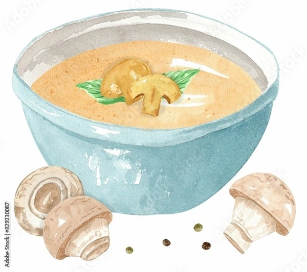 Fototapeta Mushroom puree soup with basil in a blue plate and pepper. Hand drawn watercolor illustration isolated on white background. Template for design.