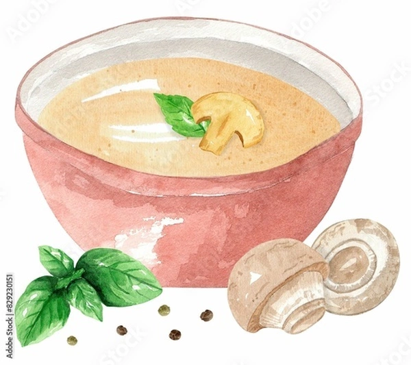 Fototapeta Mushroom puree soup with basil in a red plate and pepper. Hand drawn watercolor illustration isolated on white background. Template for design.
