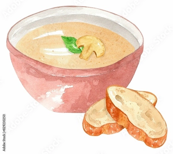 Fototapeta Mushroom puree soup with basil in a red plate and pieces of bread. Hand drawn watercolor illustration isolated on white background. Template for design.