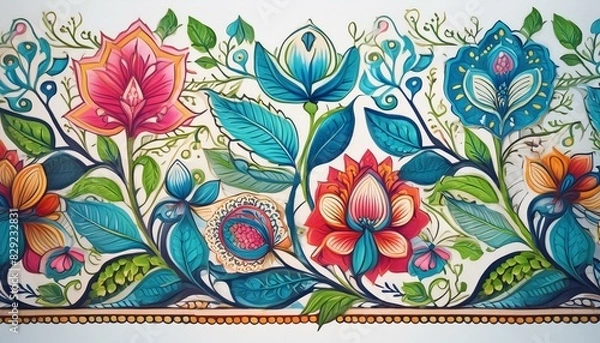 Fototapeta Indian block print and border with blue, green, red on white with a touch of pink and yellow