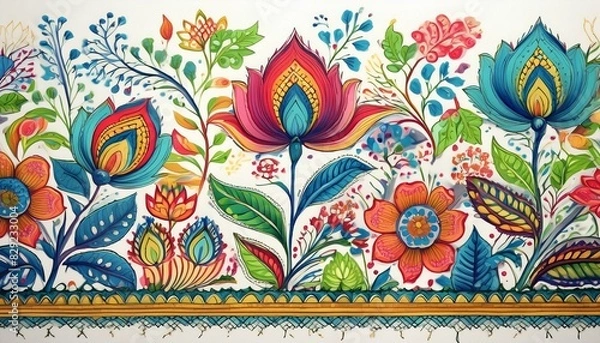 Fototapeta Indian block print and border with blue, green, red on white with a touch of pink and yellow