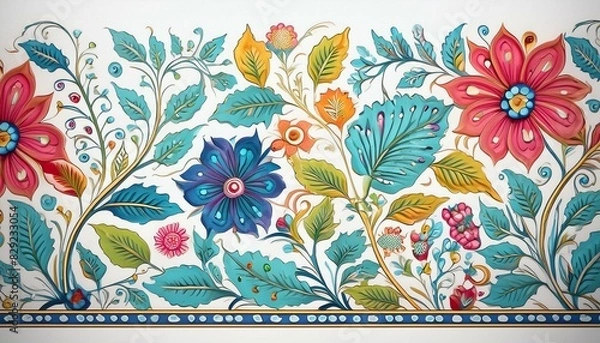 Fototapeta Indian block print and border with blue, green, red on white with a touch of pink and yellow