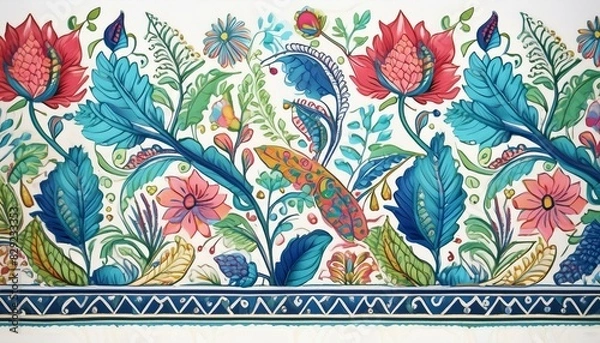 Fototapeta Indian block print and border with blue, green, red on white with a touch of pink and yellow
