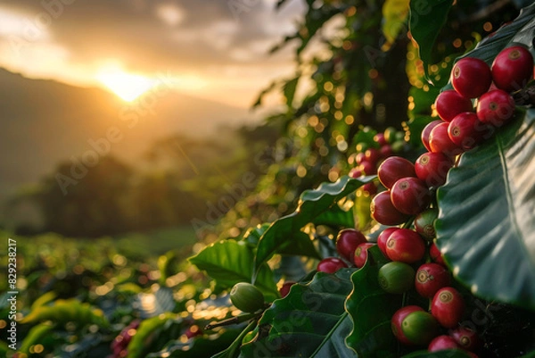 Obraz Coffee beans on tree with sunrise background.
