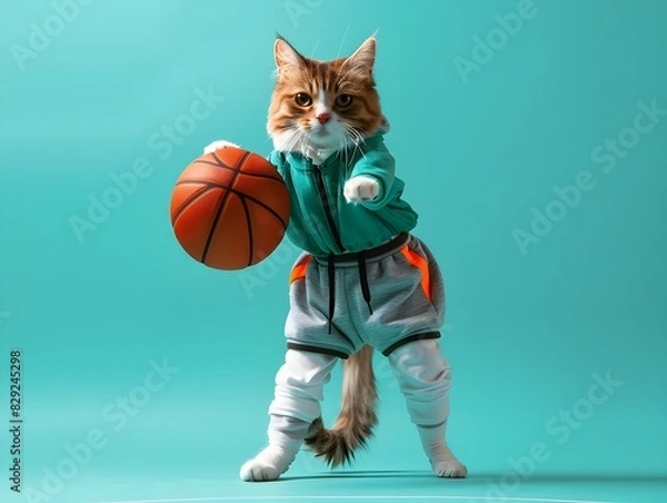 Fototapeta Munchkin Cat Playing Basketball A Whimsical Scene of Athletic Fun and Feline Charm
