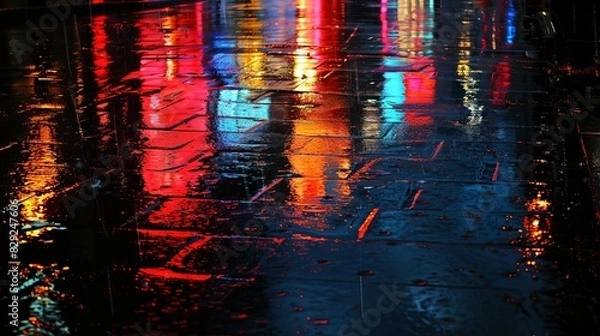 Fototapeta City lights reflected on wet pavement