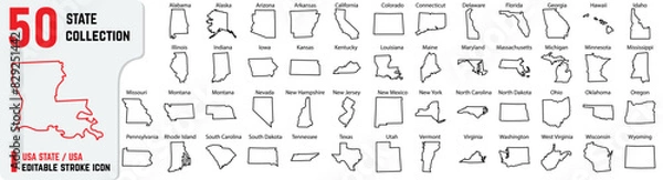 Obraz USA 50 editable stroke icon, also includes New York, Pennsylvania, Rhode Island, South Carolina, South Dakota, Tennessee, Texas, Vector outline of 50 states with their names 