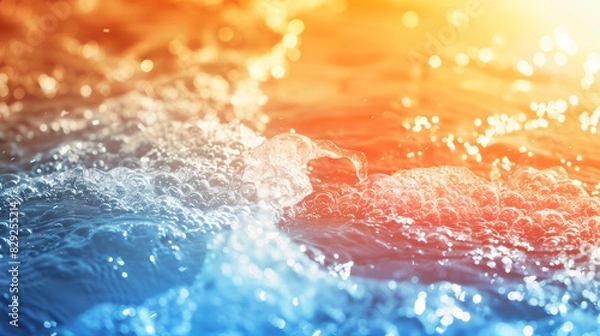 Fototapeta Dynamic contrast of hot and cold water under sunlight. Orange and blue flow splashes with bubble foam.