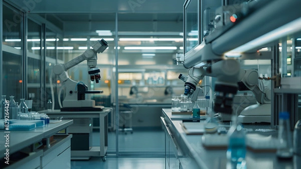 Fototapeta A lab with two microscopes and a lab bench