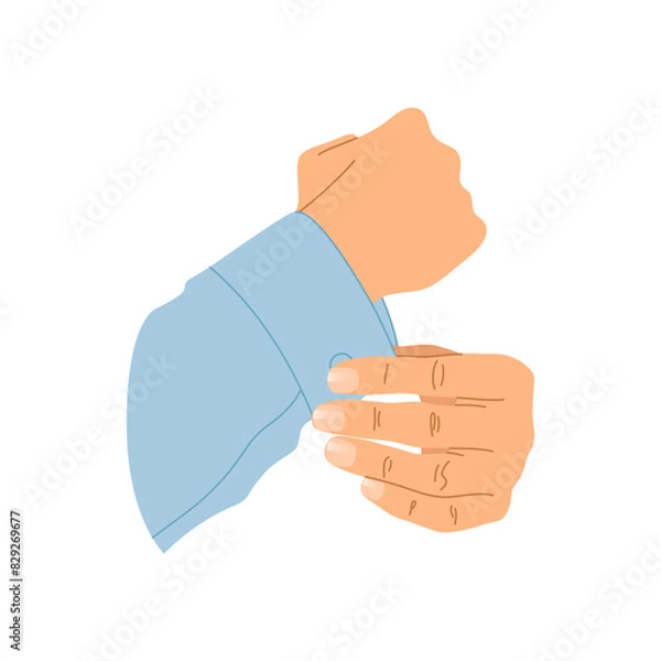 Obraz Hands of man with basic nail design isolated on a white background. Male manicure concept. Man fastening cufflinks. Elegance male daily routine. Non-colors manicure, trendy nails. Vector illustration.