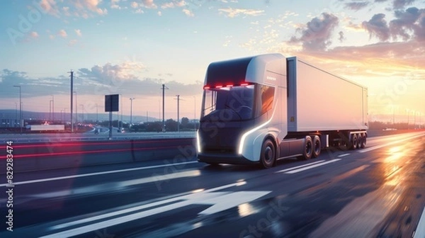 Fototapeta A concept of a self-driving delivery truck on a highway, logistics, dynamic and dramatic compositions. Background for business