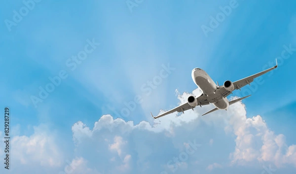 Obraz White passenger airplane flying in the sky amazing clouds in the background - Travel by air transport