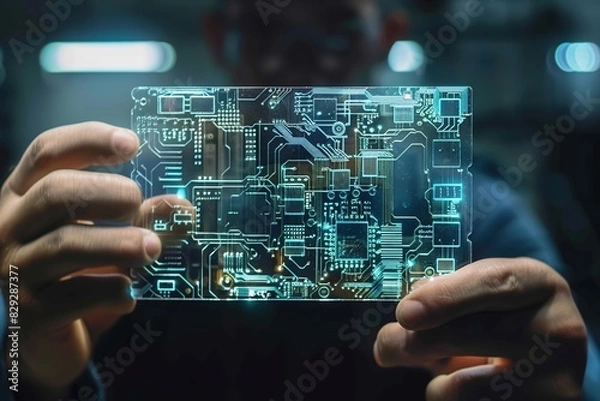 Fototapeta Engineer holding a futuristic transparent circuit board concept